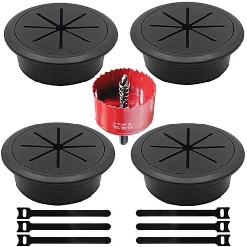 4 Pack Desk Grommet 2 Inch (50 mm), Desk Hole Cover for Cables, Black Desk Cord Hole Cover for Office Home Table, Cable Grommet with 1 Hole Saw Drill Attachment & 6 Cable Ties - color: Black