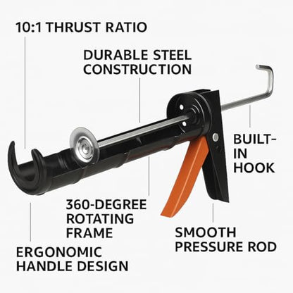 ADAK - Professional Caulking Gun, 10:1 Thrust Ratio, Caulking Gun No Drip, Hand Tool for Silicone & Sealant Application, Smooth Pressure Caulk Gun, Caulking Gun Tool - color: Black