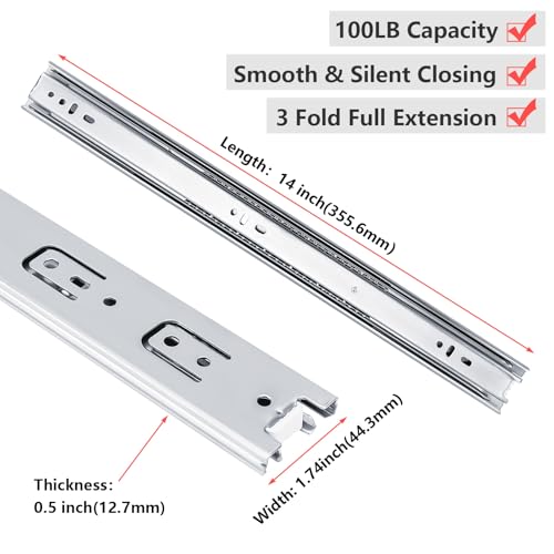 homdiy Side Mount 3 Fold Full Extension Drawer Slides 14 Inch 2 Pair Solid Ball Bearing Cabinet Tracks Heavy Duty Drawer Rails 100 LB Capacity for Kitchen Cabinet Dresser Replacement - size: 14 Inch