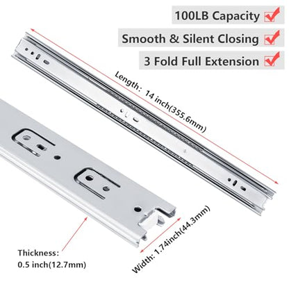 homdiy Side Mount 3 Fold Full Extension Drawer Slides 14 Inch 2 Pair Solid Ball Bearing Cabinet Tracks Heavy Duty Drawer Rails 100 LB Capacity for Kitchen Cabinet Dresser Replacement - size: 14 Inch
