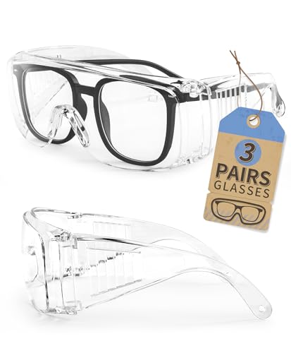 LANON 3 Pack Safety Glasses Over Eyeglasses,ANSI Z87.1 Standard,Anti-Fog & Scratch,Peripheral Protection, High Transmission,Anti-UV,Wrap Around Clear Safety Goggles