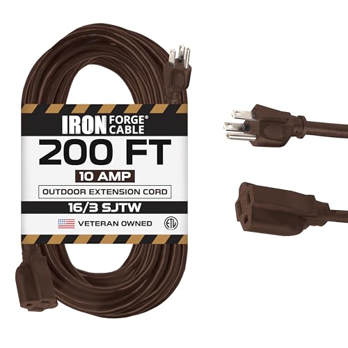 Iron Forge Cable Outdoor Brown Extension Cord 200 ft - 16 Gauge 10 Amp Heavy Duty Brown Outdoor Extension Cords 3 Prong - 16/3 SJTW Great for Outdoor - color: Brown, size: 200 FT