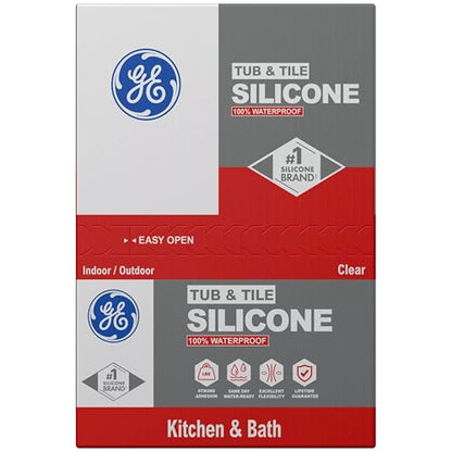 GE Tub and Tile Silicone Caulk for Kitchen and Bathroom -100% Waterproof Silicone Paste, Excellent Flexibility, Shrink and Crack Resistant - 10oz Cartridge, Clear, Pack of 12 - color: Clear, size: 12 Pack