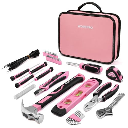 WORKPRO Pink Tool Set - 100 Pieces Pink Tool Kit with Easy Carrying Pouch, Household Tool Kit for Home, Apartment, Office, College, Perfect for DIY Projects, Home Maintenance - Pink Ribbon