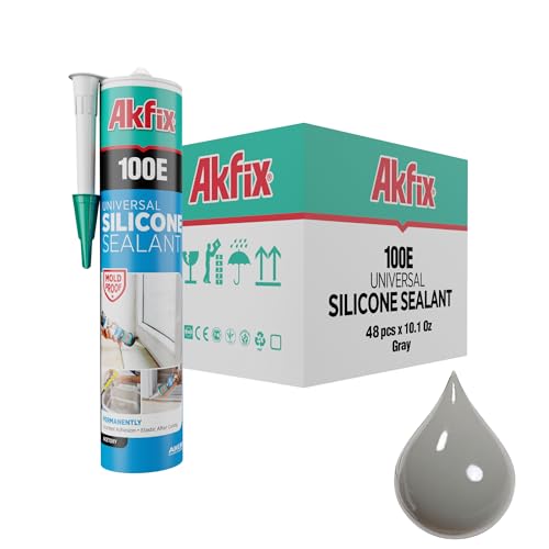Akfix 100E RTV Grey Silicone Caulk (48x10.1 fl.oz.) - 100% Waterproof Silicone Sealant for Kitchen and Bathroom, Shower, Toilet, Sink, Window and Door, No Yellowing | Grey, 48 Pack - color: Grey, size: 48 Pack