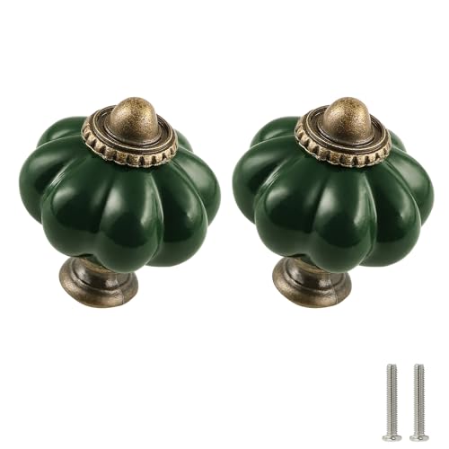 Dark Green Pumpkin Knobs 2 Pack Ceramic Cabinet Knobs Vintage Drawer Pulls - Antique Dresser Pulls with Screws for Closet Drawer Cupboard Cabinet and DIY Home Project - color: Dark Green