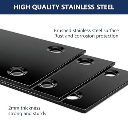 4 Pack Flat Mending Plate 4 x 2 Inch, Heavy Duty Black Stainless Steel Straight Brace Bracket for Wood, Furniture & Shelf Repair, Wood Connector Plate with Countersunk M4 Screws - size: 2"x4"