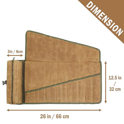 Kaaltisy Tool Roll Organizer, Canvas Wrench Roll with 2 Zippered Pouches + Buckle Closure, Heavy Duty 16oz Waxed Canvas Roll Up Tool Pouch for Wrench Set Chisel Screwdriver | Khaki | 26" L x 12.5" W - color: Khaki