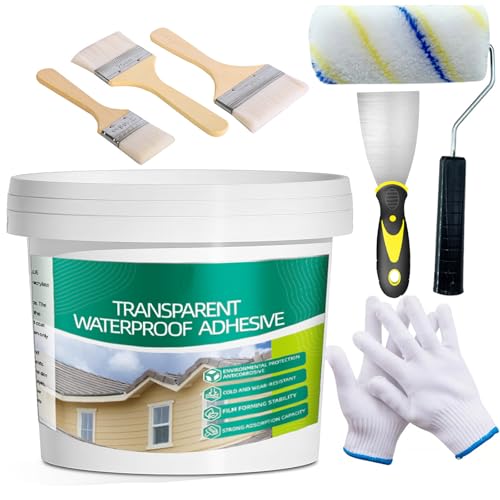5Kg/202Fl.oz Transparent Waterproof Coating Invisible Waterproof Agent Set with Indoor&Outdoor Insulating Sealant with Wooden Brush Putty Knife Cut Resistant Work Gloves Paint Roller(6L/1.58Gal) - style: B