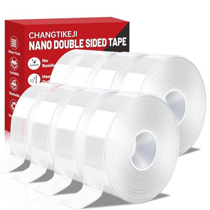 CHANGTIKEJI Double Sided Tape Heavy Duty 8 Rolls 1 Inch x 9.85 Feet, Clear & Tough Nano Tape, Multipurpose Mounting Tape for Walls, Bathroom, Carpets,Posters,Photo,Kitchens,Mats