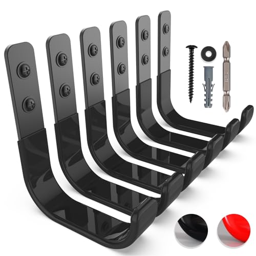 Garage Hooks 4 Inch, 6 Pack Heavy Duty Wall Hooks for Hanging, Ladder Hangers for Garage Wall Mount, Steel J Utility Garden Hose Holder Tool Organizers and Storage(55lbs) - color: Black