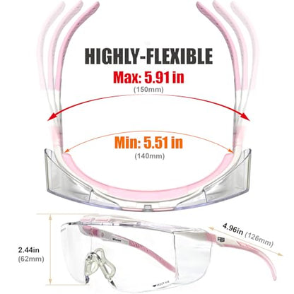 HTS HUNTERSKY ANSI Z87.1+ Anti Fog Lab Safety Glasses Fit Over Eyeglasses Up to 1.88 inch 100% UV Protective OTG Goggles - color: 3906c White-pink / Clear Lens