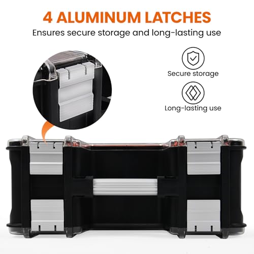TACTIX Double-Sided Tool Organizer, Toolbox with 8-Storage Bins & 14 Adjustable Dividers & Transparent Lids, Portable Hardware Storage Box for Screws, Nuts, Fishing Accessories (Black&Orange) - style: Double Sided Tool Box