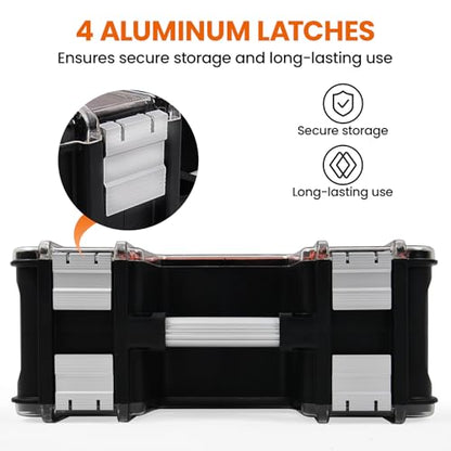 TACTIX Double-Sided Tool Organizer, Toolbox with 8-Storage Bins & 14 Adjustable Dividers & Transparent Lids, Portable Hardware Storage Box for Screws, Nuts, Fishing Accessories (Black&Orange) - style: Double Sided Tool Box