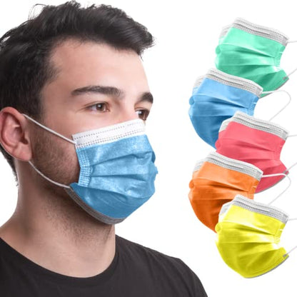ASTM Level 3 Disposable 4-Ply Face Mask - Made in USA Filtration Efficiency ≥ 98% with Ear Savers (50 Pack, Rainbow Pack)