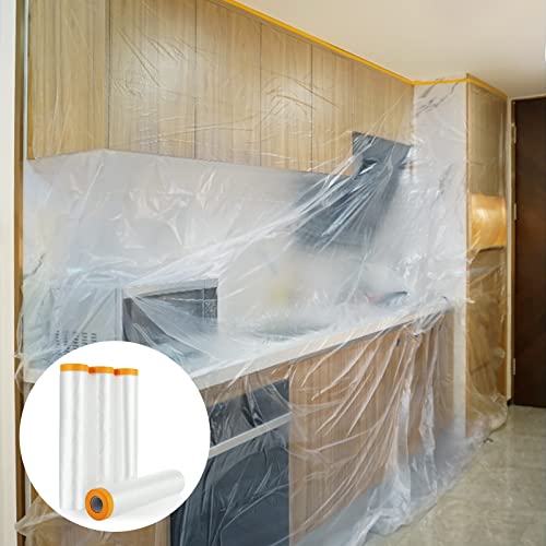 4 Rolls 8 x 66 Feet Plastic Sheeting, Painters Plastic Drop Cloths for Painting, Pre-Taped Masking Film Tape and Drape for Automotive Painting Covering, Furniture Floor Dustproof Cover - size: 8 X 66 Feet