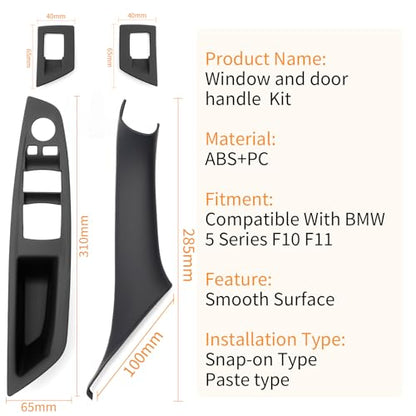 7pcs No-Remove Interior Door Pull Handle Sticky Cover for BMW 5 Series F10/F11 520,523,525,528,530,535 (2010-2016) Fits Driver & Passenger Side Window Switch Armrest Panel (Black) - color: Black