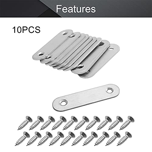MroMax 10Pcs 201 Stainless Steel Straight Brackets 2.36" x 0.63" Flat Straight Braces Brushed Metal Fixed Connecting Plate for Repairing Furniture, Bookcase, Table, Chair Legs 2 Holes with Screws - size: 2.36"x 0.63"x 0.08"(LxWxT)