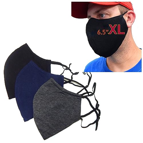 ICYROSE 3 Pack XXL 7"/ XL 6.5" Extra Large Face Mask Big and Tall 3 Ply Beard Mask Cotton w/nose wire Filter Pocket - color: Black,grey,navy, XL 6.5"
