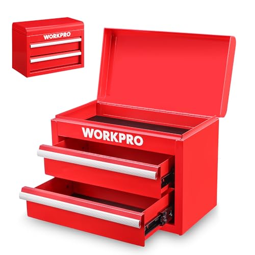 WORKPRO Metal Mini Tool Box, Top Tool Chest containing Two Drawers with Ball Bearing Slides, PVC Drawer Liners and PP Feet Pads, Durable Cold Rolled Steel Small Toolbox for Multi-Purpose Storage - color: Red