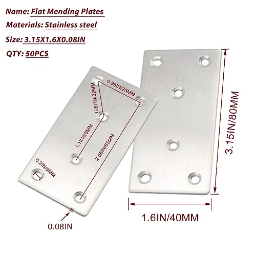 50PCS Flat Mending Plates,3-1/8''304 Heavy Duty Stainless Steel Straight Mending Joining Plates, Metal Straight Brace for Shelves,Cabinet,Furniture Corner Repair Fixing-Silver,3.15X1.57X0.08IN - size: 3.15X1.57X0.08IN