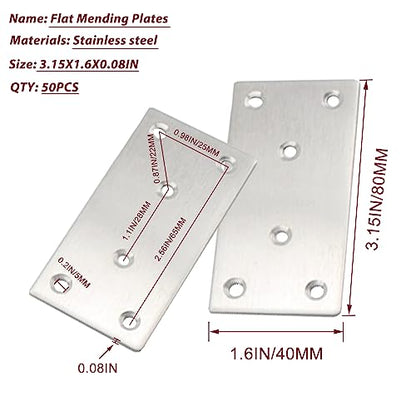 50PCS Flat Mending Plates,3-1/8''304 Heavy Duty Stainless Steel Straight Mending Joining Plates, Metal Straight Brace for Shelves,Cabinet,Furniture Corner Repair Fixing-Silver,3.15X1.57X0.08IN - size: 3.15X1.57X0.08IN