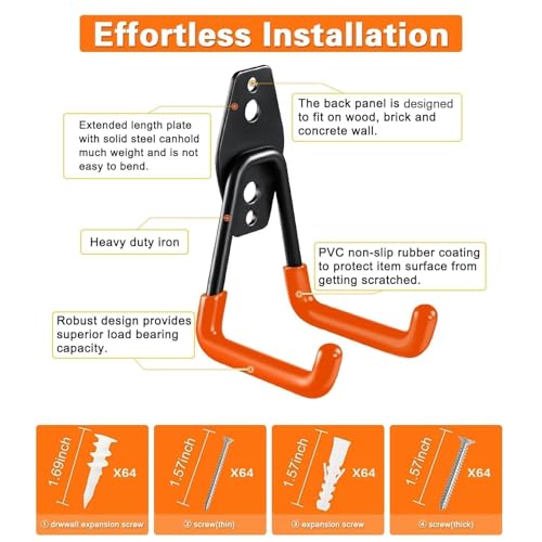 Steel Garage Storage Hooks - 32 Pack Anti-Slip Coating, Heavy Duty Wall Mount Wall Hooks for Hanging Bike, Ladder, Garden Tools, Power Tools, Bulk Items Ropes, Utility Garage Organization Housolution - size: 32pcs - Orange