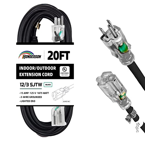 Indoor Outdoor Extension Cord Weatherproof with Lighted End, UL Certified, 12 Gauge 20FT Black 3 Prong Heavy Duty, 12/3 SJTW 15A Power Cord for Outdoor Lights, Lawn - size: 20FT, style: 12/3