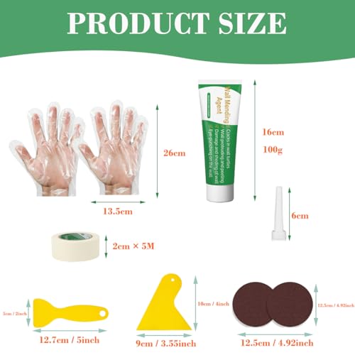 11 Pack Drywall Repair Kit, Wall Mending Agent,Wall Spackle with Scraper Sandpaper Disposable Gloves Masking Tape, Wall Surface Hole Fill Quick and Easy Solution - size: 11 PCS
