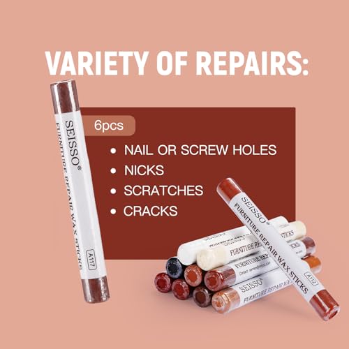 SEISSO Wood Filler Sticks- 6 Pcs, Furniture Repair Wax Crayons, Furniture Marking Repair - Scratch, Cracks, Hole, Table, Wood Floor, Guitar - Heartwood Cherry/Red Brown/Nutmeg - color: Cedar 6pcs