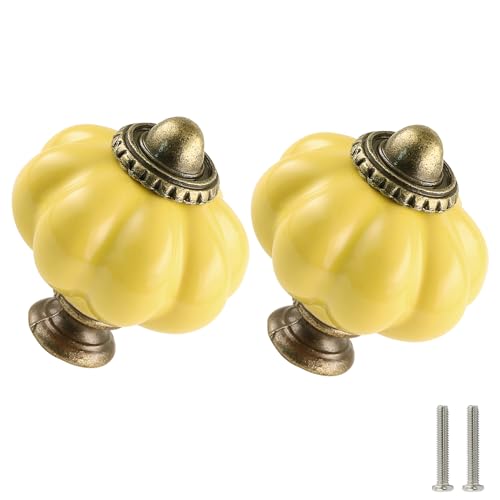 Pale Yellow Pumpkin Knobs 2 Pack Ceramic Cabinet Knobs Vintage Drawer Pulls - Antique Dresser Pulls with Screws for Closet Drawer Cupboard Cabinet and DIY Home Project - color: Pale Yellow
