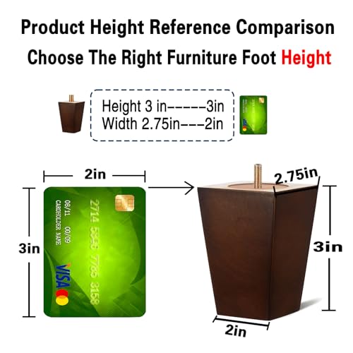 SHANJUE Wood Furniture Legs 3 Inch Set of 4, Square Brown Couch Legs Replacement, Mid Century Modern Sofa Legs with Anti Slip Couch Feet Pads for Dresser, Recliner and Coffee Table - size: 3 inches
