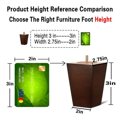SHANJUE Wood Furniture Legs 3 Inch Set of 4, Square Brown Couch Legs Replacement, Mid Century Modern Sofa Legs with Anti Slip Couch Feet Pads for Dresser, Recliner and Coffee Table - size: 3 inches