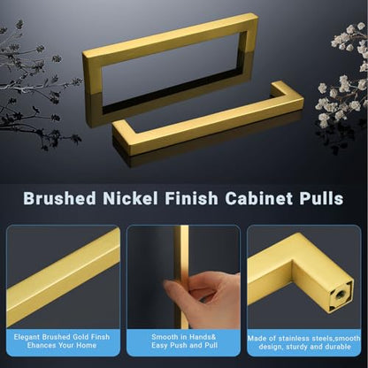 KNOBWELL 6Pack 7-9/16 Inch Brushed Gold Cabinet Pulls Stainless Steel Kitchen Cabinet Handles Square Drawer Pulls Modern Cabinet Hardware Handles，192mm Hole Centers - color: Brushed Gold, size: Hole Center:7-9/16 inch(192mm)
