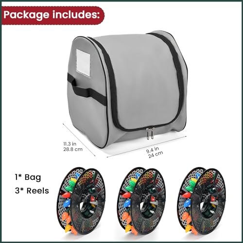 Keten Christmas Light Storage Bag, 600D Oxford Fabric Christmas Light Organizer with Reinforced Handles, 3 Reels Included to Hold 375ft Mini Christmas, Tree Lights & Extension Cords-Grey