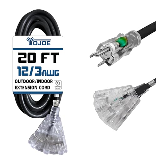 YOJOE 3-Outlets Indoor Outdoor Extension Cord with Lighted End, 3 Prong 15A Weatherproof Power Cord, 12 Gauge Heavy Duty 20 ft Black Extension Cord Multiple Outlets, 12/3 SJTW UL Listed - color: Black, size: 20 Foot