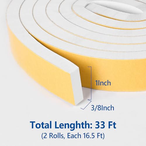 Kikerike Self Adhesive Foam Tape Weatherstrip 1in x 3/8in x 33Ft High Density Foam Insulation Strips Seal Weather Stripping with Strong Adhesive for Door and Window Sound Isolation Soundproofing - size: 1in x 3/8in x 33Ft