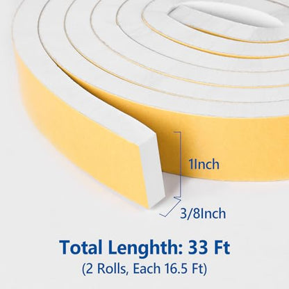 Kikerike Self Adhesive Foam Tape Weatherstrip 1in x 3/8in x 33Ft High Density Foam Insulation Strips Seal Weather Stripping with Strong Adhesive for Door and Window Sound Isolation Soundproofing - size: 1in x 3/8in x 33Ft