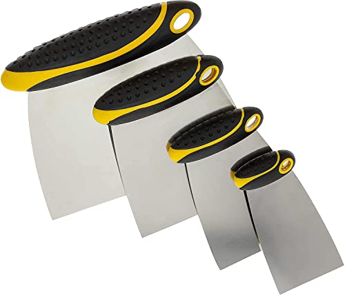 4-Piece Set of Stainless Steel Body Filler and Putty Spreaders/Scraper Set with Handles - Sizes: 2", 3", 4" and 6" | Repairing Drywall, Removing Wallpaper, Applying Putty, Plaster, Cement, Adhesive