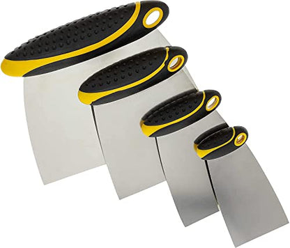 4-Piece Set of Stainless Steel Body Filler and Putty Spreaders/Scraper Set with Handles - Sizes: 2", 3", 4" and 6" | Repairing Drywall, Removing Wallpaper, Applying Putty, Plaster, Cement, Adhesive