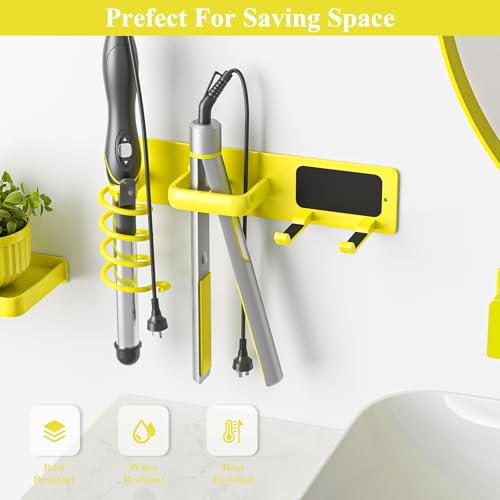 Tindbea Hair Dryer Holder Curling Iron Holder Flat Iron, Blow Dryer Holder Wall Mount, 3 in 1 Bathroom Hair Tool Organizer Rack for Universal Dryer, Bright Yellow - color: Bright Yellow