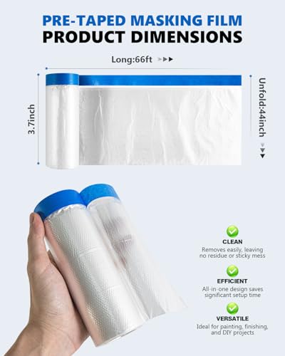 Pre-Taped Masking Film for Painting(1 Roll) - 44" x 66'Painters Plastic Sheeting with Tape and Drape, Painters Drop Cloth for Automotive & Home, Cover for Walls/Floors/Windows/Cars Protection - size: 1 Roll of 44" x 66'