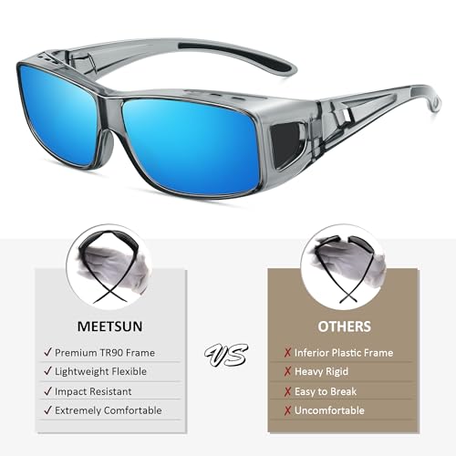 MEETSUN Fit Over Glasses Sunglasses for Men Women,Wrap Around Sunglasses Polarized UV400 Protection - color: A1-clear Gray Frame-blue Mirror Lens