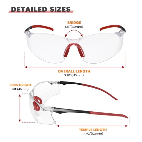 Clear Safety Glasses 12 Pack, Protective Eyewear UV Protection ANSI Z87.1, Safety Goggles Scratch & Impact Resistant, Eye Protection with Nose Pads for Men & Women Construction, Shooting, Lab Work - color: Clear Lens/Red Temples, style: 12 Pack