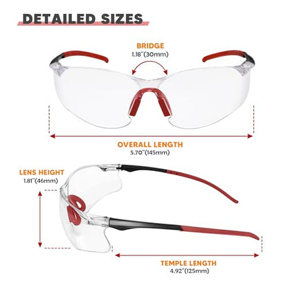 Clear Safety Glasses 3PK, Protective Eyewear UV Protection ANSI Z87.1 Crystal Safety Goggles Scratch Impact Resistant Eye Protection with Nose Pads for Men Women Construction Shooting Lab Work - color: Clear Lens/Red Temples, style: 3 Pack