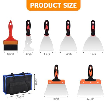8 PCS Drywall Knife Set, Drywall Hand Tool Kit, Putty Knife in 6 Different Sizes, Brush and Organizer Bag, Spackle Tool Kit for Joint Taping, Finishing, Patching