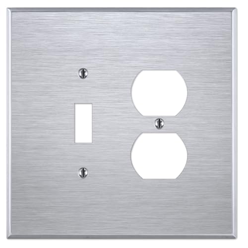 OVERSIZED 2 Gang Combo Stainless Steel Wall Plate - (1) Duplex Receptacle Outlet with (1) Toggle Combination Metal Light Switch Plate Cover, Satin Finish, Made in USA, UL Listed, 5.5" x 5.5" - color: Combo: Outlet / Toggle