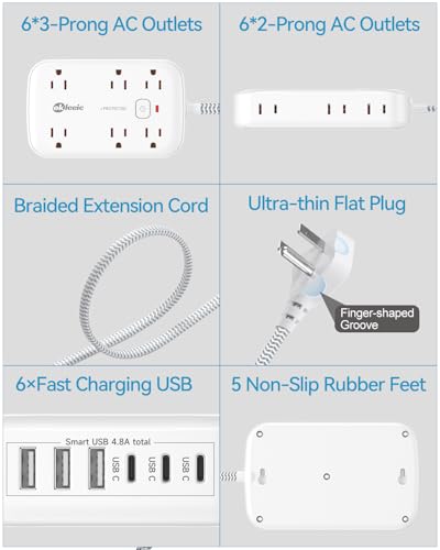 Flat Multi Plug Extender with 6 USB Wall Charger(3 USB C), 12 AC Outlets Wall Adapter, 3 ft Thin Extension Cord, Flat Plug Surge Protector Power Strip (2100J) for Home, Office, College Dorm. White - size: 3 FT, style: 12AC+3U3C
