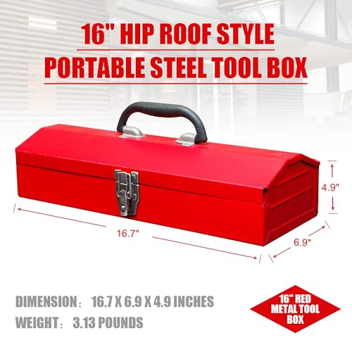 Portable Tool Box, Metal Tool Box, 4 Non-Slip Foot Pads, Ideal for Trailer, Mechanic, DIY-ers, Car Toolbox, Workshops, Garages, Repair Shops,Red - size: 1P-16in-Red