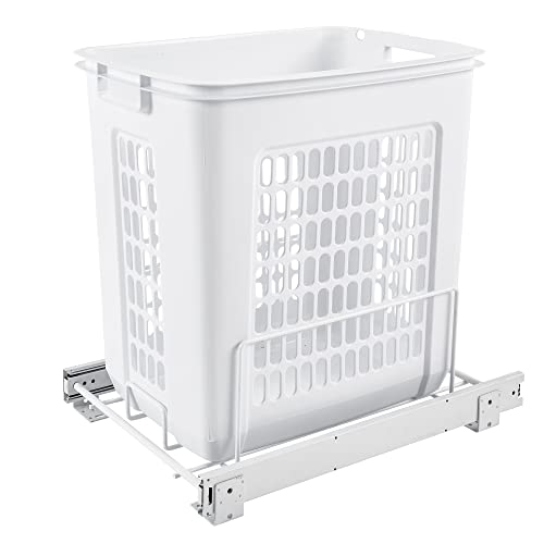 Rev-A-Shelf Pullout 20" Deep Cabinet Floor Steel Mounted Polymer Plastic Clothes Laundry Hamper with Full Extension Slides, White, HPRV-1520 S - Hidden Storage Organizer for Laundry Room and Bathroom - color: White